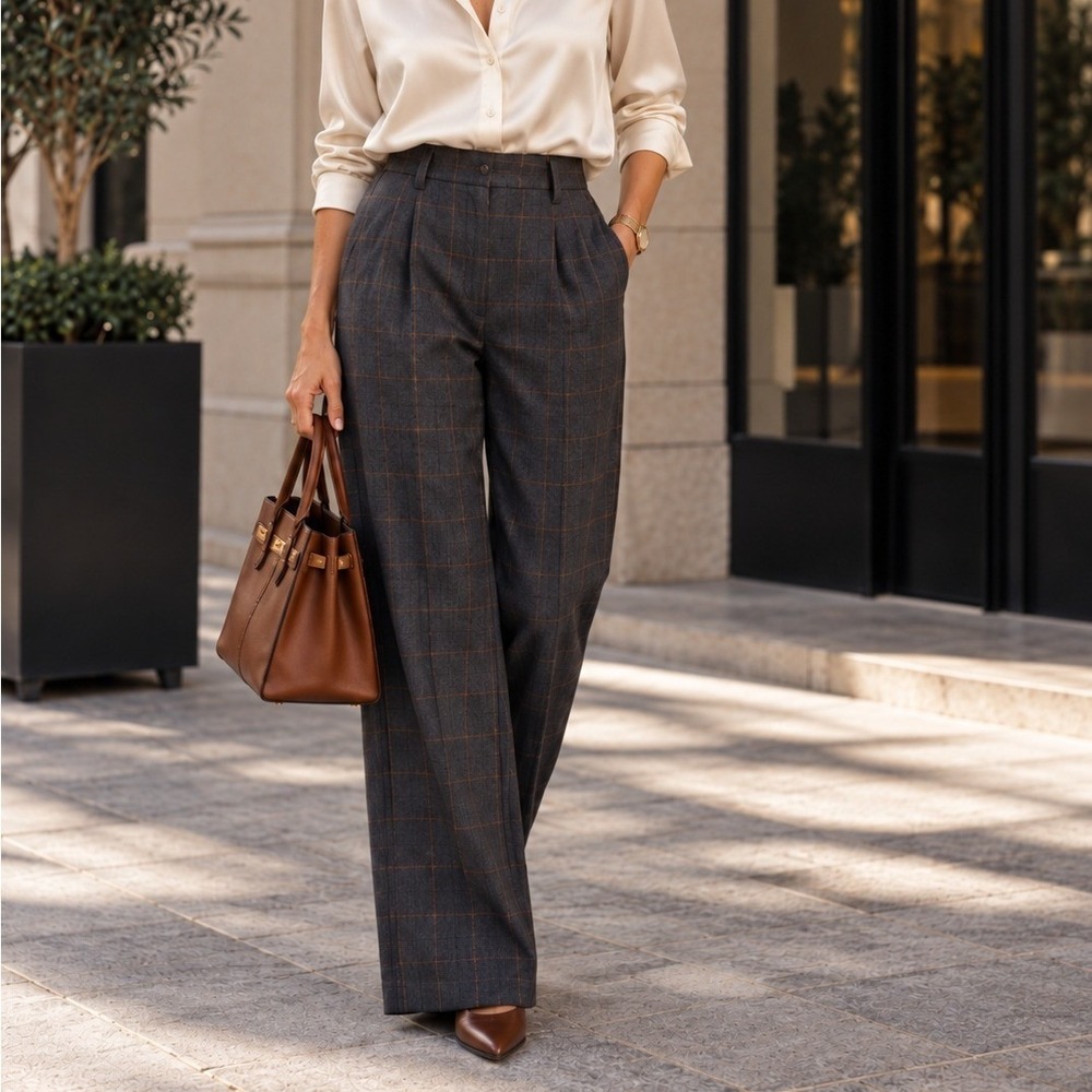 Calvin Klein Womens Wide Leg Plaid Dress Pants Gray Orange Windowpane Trouser